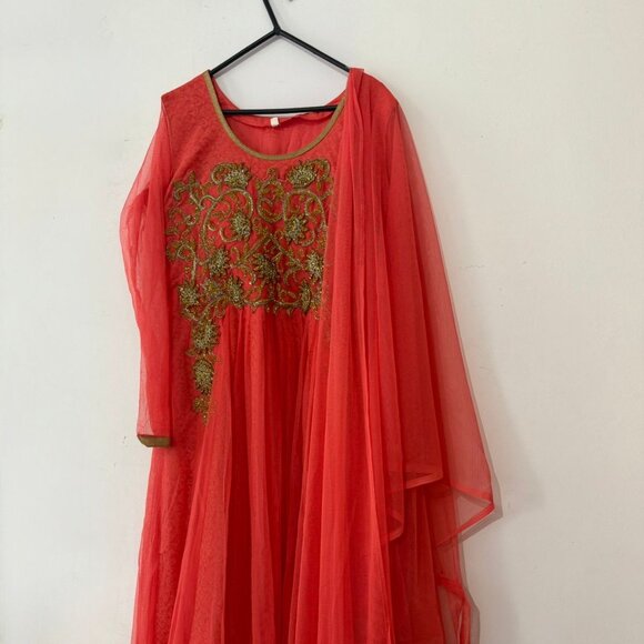 Coral Red Anarkali Dress - Picture 1 of 5